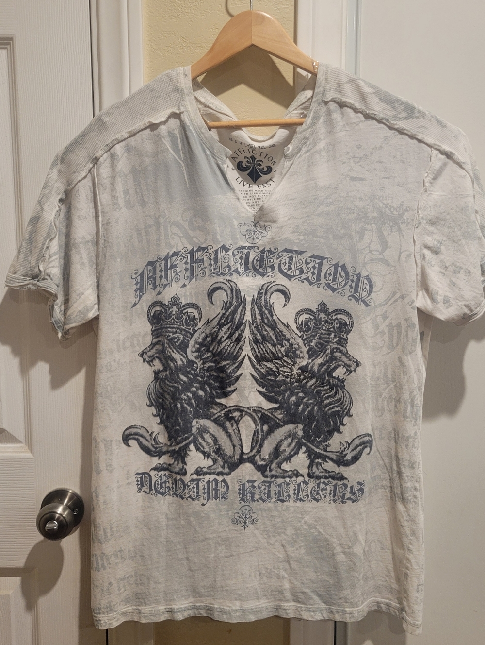 Affliction Mens White Shirt Size XL Wings Gothic Distressed Grunge Biker